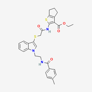 molecular formula C30H31N3O4S2 B2703729 乙酸2-[[2-[1-[2-[(4-甲基苯甲酰)氨基]乙基]吲哚-3-基]硫代乙酰]氨基]-5,6-二氢-4H-环戊[b]噻吩-3-甲酸酯 CAS No. 532971-20-3