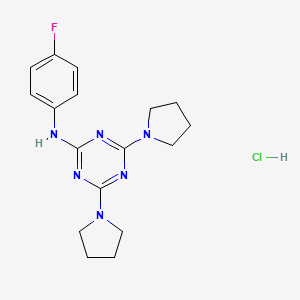 molecular formula C17H22ClFN6 B2703754 N-(4-fluorophenyl)-4,6-di(pyrrolidin-1-yl)-1,3,5-triazin-2-amine hydrochloride CAS No. 1179458-49-1