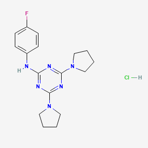 molecular formula C17H22ClFN6 B2703754 N-(4-fluorophenyl)-4,6-bis(pyrrolidin-1-yl)-1,3,5-triazin-2-amine hydrochloride CAS No. 1179458-49-1