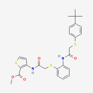 molecular formula C26H28N2O4S3 B2703768 甲基 3-{[2-({2-[(2-{[4-(叔丁基)苯基]硫代}乙酰)氨基]苯基}硫代)乙酰]氨基}-2-噻吩羧酸甲酯 CAS No. 478033-20-4