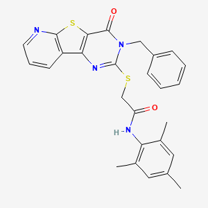 molecular formula C27H24N4O2S2 B2703787 2-[(5-benzyl-6-oxo-8-thia-3,5,10-triazatricyclo[7.4.0.02,7]trideca-1(9),2(7),3,10,12-pentaen-4-yl)sulfanyl]-N-(2,4,6-trimethylphenyl)acetamide CAS No. 1223786-22-8