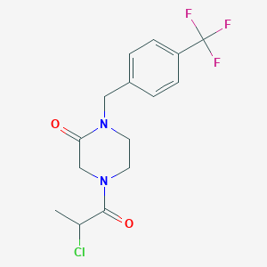 molecular formula C15H16ClF3N2O2 B2703791 4-(2-Chloropropanoyl)-1-[[4-(trifluoromethyl)phenyl]methyl]piperazin-2-one CAS No. 2411283-84-4