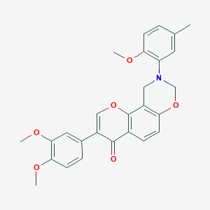 molecular formula C27H25NO6 B2703872 3-(3,4-dimethoxyphenyl)-9-(2-methoxy-5-methylphenyl)-9,10-dihydrochromeno[8,7-e][1,3]oxazin-4(8H)-one CAS No. 929444-36-0