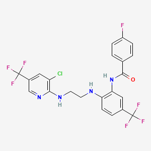 molecular formula C22H16ClF7N4O B2703910 N-[2-[(2-{[3-chloro-5-(trifluoromethyl)-2-pyridinyl]amino}ethyl)amino]-5-(trifluoromethyl)phenyl]-4-fluorobenzenecarboxamide CAS No. 478262-28-1