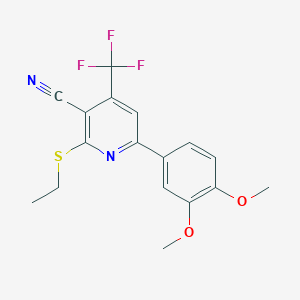 molecular formula C17H15F3N2O2S B2703918 6-(3,4-二甲氧基苯基)-2-(硫代乙基)-4-(三氟甲基)烟酸腈 CAS No. 893752-91-5