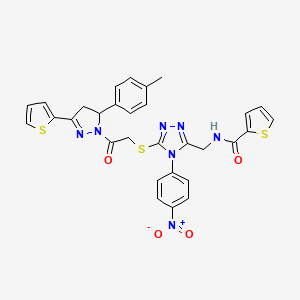 molecular formula C30H25N7O4S3 B2703979 N-((4-(4-硝基苯基)-5-((2-氧代-2-(3-(噻吩-2-基)-5-(对甲苯)-4,5-二氢-1H-吡唑-1-基)乙基)硫)-4H-1,2,4-三唑-3-基)甲基)噻吩-2-甲酸酰胺 CAS No. 362508-28-9