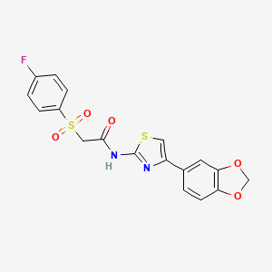 molecular formula C18H13FN2O5S2 B2703984 N-(4-(benzo[d][1,3]dioxol-5-yl)thiazol-2-yl)-2-((4-fluorophenyl)sulfonyl)acetamide CAS No. 895473-08-2