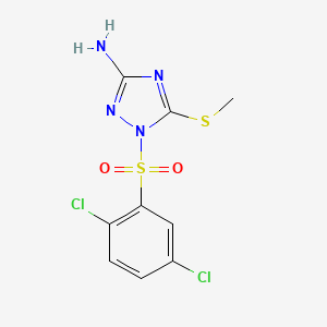 molecular formula C9H8Cl2N4O2S2 B2703993 1-((2,5-Dichlorophenyl)sulfonyl)-5-methylthio-1,2,4-triazole-3-ylamine CAS No. 497083-26-8