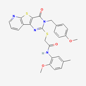molecular formula C27H24N4O4S2 B2704070 2-{[3-(4-methoxybenzyl)-4-oxo-3,4-dihydropyrido[3',2':4,5]thieno[3,2-d]pyrimidin-2-yl]thio}-N-(2-methoxy-5-methylphenyl)acetamide CAS No. 1030121-27-7