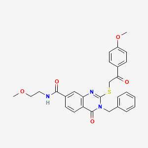 molecular formula C28H27N3O5S B2704085 3-benzyl-N-(2-methoxyethyl)-2-{[2-(4-methoxyphenyl)-2-oxoethyl]thio}-4-oxo-3,4-dihydroquinazoline-7-carboxamide CAS No. 1113128-16-7