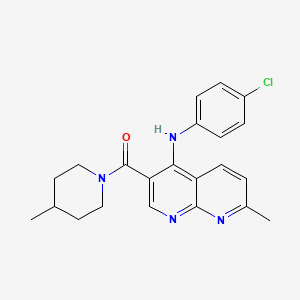 molecular formula C22H23ClN4O B2704114 (4-((4-Chlorophenyl)amino)-7-methyl-1,8-naphthyridin-3-yl)(4-methylpiperidin-1-yl)methanone CAS No. 1251611-11-6