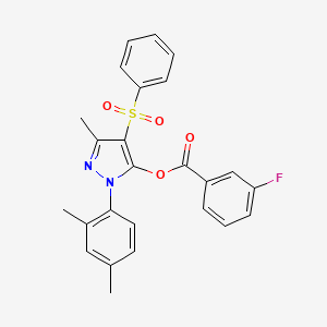 molecular formula C25H21FN2O4S B2704126 1-(2,4-dimethylphenyl)-3-methyl-4-(phenylsulfonyl)-1H-pyrazol-5-yl 3-fluorobenzoate CAS No. 851094-24-1