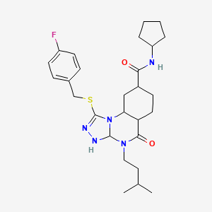 molecular formula C27H30FN5O2S B2704127 N-cyclopentyl-1-{[(4-fluorophenyl)methyl]sulfanyl}-4-(3-methylbutyl)-5-oxo-4H,5H-[1,2,4]triazolo[4,3-a]quinazoline-8-carboxamide CAS No. 2034607-69-5