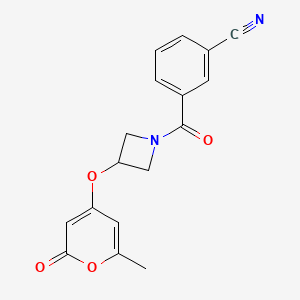 molecular formula C17H14N2O4 B2704138 3-(3-((6-甲基-2-氧代-2H-吡喃-4-基)氧基)氮杂环丁烷-1-甲酰基)苯甲腈 CAS No. 1798639-46-9