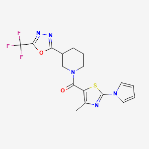 molecular formula C17H16F3N5O2S B2704165 (4-methyl-2-(1H-pyrrol-1-yl)thiazol-5-yl)(3-(5-(trifluoromethyl)-1,3,4-oxadiazol-2-yl)piperidin-1-yl)methanone CAS No. 1396765-74-4