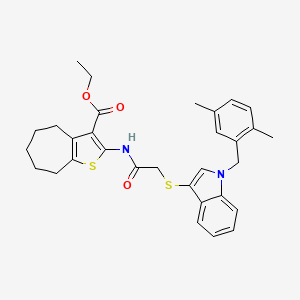 molecular formula C31H34N2O3S2 B2704224 ethyl 2-(2-((1-(2,5-dimethylbenzyl)-1H-indol-3-yl)thio)acetamido)-5,6,7,8-tetrahydro-4H-cyclohepta[b]thiophene-3-carboxylate CAS No. 681279-94-7