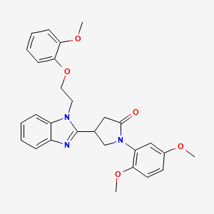 molecular formula C28H29N3O5 B2704305 1-(2,5-dimethoxyphenyl)-4-(1-(2-(2-methoxyphenoxy)ethyl)-1H-benzo[d]imidazol-2-yl)pyrrolidin-2-one CAS No. 862828-55-5