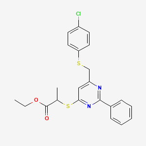 molecular formula C22H21ClN2O2S2 B2704314 Ethyl 2-[(6-{[(4-chlorophenyl)sulfanyl]methyl}-2-phenyl-4-pyrimidinyl)sulfanyl]propanoate CAS No. 303147-17-3