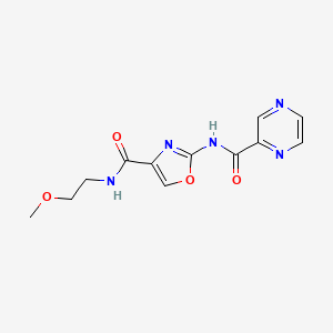 molecular formula C12H13N5O4 B2704473 N-(2-methoxyethyl)-2-(pyrazine-2-carboxamido)oxazole-4-carboxamide CAS No. 1396809-02-1