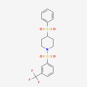 molecular formula C18H18F3NO4S2 B2704543 4-(Phenylsulfonyl)-1-((3-(trifluoromethyl)phenyl)sulfonyl)piperidine CAS No. 1448135-68-9