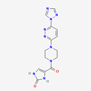 molecular formula C14H15N9O2 B2704621 4-(4-(6-(1H-1,2,4-triazol-1-yl)pyridazin-3-yl)piperazine-1-carbonyl)-1H-imidazol-2(3H)-one CAS No. 1797890-12-0