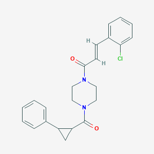 molecular formula C23H23ClN2O2 B2704724 (E)-3-(2-chlorophenyl)-1-(4-(2-phenylcyclopropanecarbonyl)piperazin-1-yl)prop-2-en-1-one CAS No. 1212771-09-9