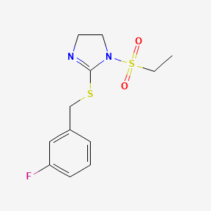molecular formula C12H15FN2O2S2 B2704734 1-Ethylsulfonyl-2-[(3-fluorophenyl)methylsulfanyl]-4,5-dihydroimidazole CAS No. 868216-69-7