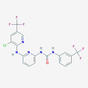 molecular formula C19H12ClF6N5O B2704790 N-(6-{[3-chloro-5-(trifluoromethyl)-2-pyridinyl]amino}-2-pyridinyl)-N'-[3-(trifluoromethyl)phenyl]urea CAS No. 477864-65-6