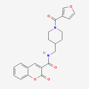 molecular formula C21H20N2O5 B2704819 N-((1-(呋喃-3-甲酰)哌啶-4-基)甲基)-2-氧代-2H-香豆素-3-甲酸酰胺 CAS No. 1396868-14-6