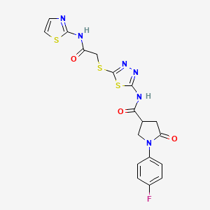 molecular formula C18H15FN6O3S3 B2704944 1-(4-fluorophenyl)-5-oxo-N-(5-((2-oxo-2-(thiazol-2-ylamino)ethyl)thio)-1,3,4-thiadiazol-2-yl)pyrrolidine-3-carboxamide CAS No. 872595-45-4
