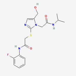 molecular formula C17H21FN4O3S B2704966 N-(2-fluorophenyl)-2-((5-(hydroxymethyl)-1-(2-(isopropylamino)-2-oxoethyl)-1H-imidazol-2-yl)thio)acetamide CAS No. 921566-14-5