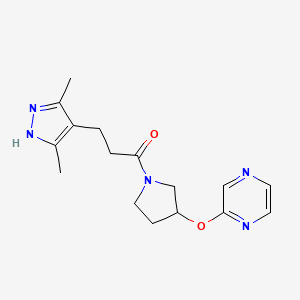 molecular formula C16H21N5O2 B2704998 3-(3,5-dimethyl-1H-pyrazol-4-yl)-1-(3-(pyrazin-2-yloxy)pyrrolidin-1-yl)propan-1-one CAS No. 2034201-14-2