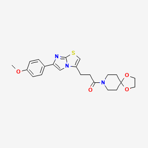 molecular formula C22H25N3O4S B2705019 3-(6-(4-Methoxyphenyl)imidazo[2,1-b]thiazol-3-yl)-1-(1,4-dioxa-8-azaspiro[4.5]decan-8-yl)propan-1-one CAS No. 1171924-25-6