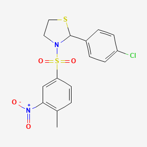 molecular formula C16H15ClN2O4S2 B2705025 2-(4-氯苯基)-3-(4-甲基-3-硝基苯磺酰)-噻唑烷 CAS No. 337353-77-2