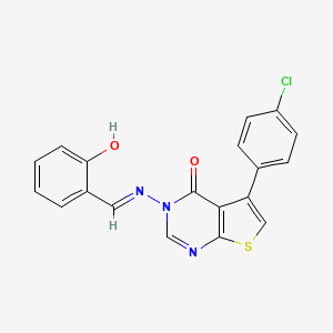 molecular formula C19H12ClN3O2S B2705067 (E)-5-(4-chlorophenyl)-3-((2-hydroxybenzylidene)amino)thieno[2,3-d]pyrimidin-4(3H)-one CAS No. 329709-16-2