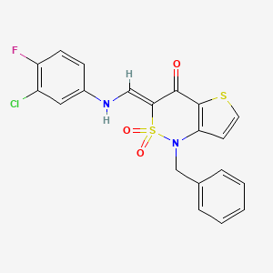 molecular formula C20H14ClFN2O3S2 B2705111 (Z)-1-benzyl-3-(((3-chloro-4-fluorophenyl)amino)methylene)-1H-thieno[3,2-c][1,2]thiazin-4(3H)-one 2,2-dioxide CAS No. 894669-56-8