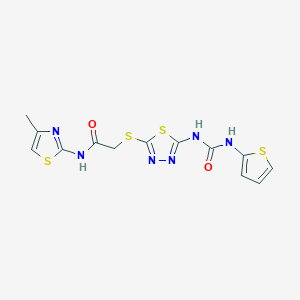 molecular formula C13H12N6O2S4 B2705117 N-(4-methylthiazol-2-yl)-2-((5-(3-(thiophen-2-yl)ureido)-1,3,4-thiadiazol-2-yl)thio)acetamide CAS No. 1171365-16-4
