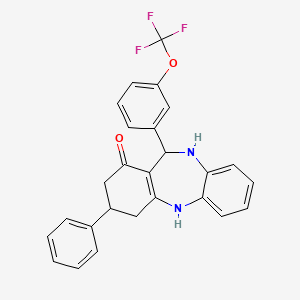 molecular formula C26H21F3N2O2 B2705119 9-Phenyl-6-[3-(trifluoromethoxy)phenyl]-5,6,8,9,10,11-hexahydrobenzo[b][1,4]benzodiazepin-7-one CAS No. 1023860-91-4