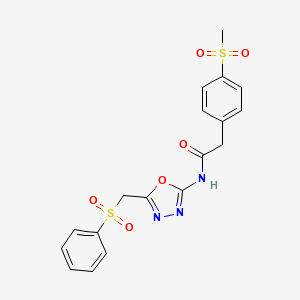 molecular formula C18H17N3O6S2 B2705125 2-(4-(methylsulfonyl)phenyl)-N-(5-((phenylsulfonyl)methyl)-1,3,4-oxadiazol-2-yl)acetamide CAS No. 922472-90-0