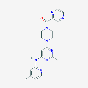 molecular formula C20H22N8O B2705133 (4-(2-Methyl-6-((4-methylpyridin-2-yl)amino)pyrimidin-4-yl)piperazin-1-yl)(pyrazin-2-yl)methanone CAS No. 1428348-55-3