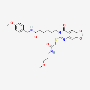 molecular formula C29H36N4O7S B2705157 N-[(4-甲氧基苯基)甲基]-6-[6-[2-(3-甲氧基丙基氨基)-2-氧代乙基]硫代-8-氧代-[1,3]二氧杂环[4,5-g]喹唑啉-7-基]己酰胺 CAS No. 688061-03-2