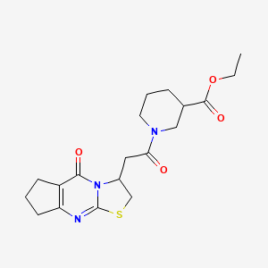 molecular formula C19H25N3O4S B2705174 Ethyl 1-(2-(5-oxo-2,3,5,6,7,8-hexahydrocyclopenta[d]thiazolo[3,2-a]pyrimidin-3-yl)acetyl)piperidine-3-carboxylate CAS No. 1021217-19-5