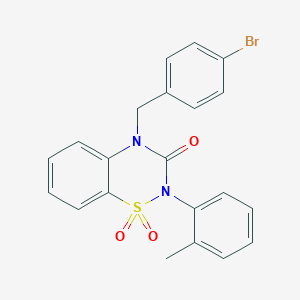 molecular formula C21H17BrN2O3S B2705271 4-(4-bromobenzyl)-2-(2-methylphenyl)-2H-1,2,4-benzothiadiazin-3(4H)-one 1,1-dioxide CAS No. 893790-70-0