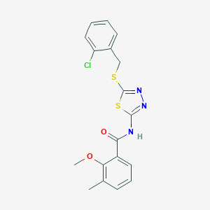 molecular formula C18H16ClN3O2S2 B270530 N-{5-[(2-chlorobenzyl)sulfanyl]-1,3,4-thiadiazol-2-yl}-2-methoxy-3-methylbenzamide 