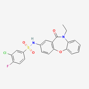 molecular formula C21H16ClFN2O4S B2705331 3-chloro-N-(10-ethyl-11-oxo-10,11-dihydrodibenzo[b,f][1,4]oxazepin-2-yl)-4-fluorobenzenesulfonamide CAS No. 921919-99-5