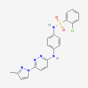 molecular formula C20H17ClN6O2S B2705343 2-chloro-N-(4-((6-(3-methyl-1H-pyrazol-1-yl)pyridazin-3-yl)amino)phenyl)benzenesulfonamide CAS No. 1014046-53-7