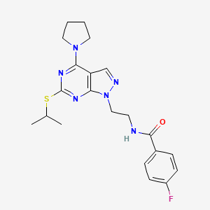 molecular formula C21H25FN6OS B2705450 4-fluoro-N-(2-(6-(isopropylthio)-4-(pyrrolidin-1-yl)-1H-pyrazolo[3,4-d]pyrimidin-1-yl)ethyl)benzamide CAS No. 941897-21-8