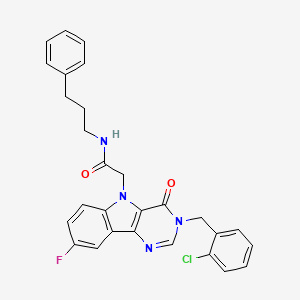 molecular formula C28H24ClFN4O2 B2705549 2-(3-(2-chlorobenzyl)-8-fluoro-4-oxo-3H-pyrimido[5,4-b]indol-5(4H)-yl)-N-(3-phenylpropyl)acetamide CAS No. 1189686-81-4