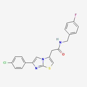 molecular formula C20H15ClFN3OS B2705562 2-[6-(4-chlorophenyl)imidazo[2,1-b][1,3]thiazol-3-yl]-N-[(4-fluorophenyl)methyl]acetamide CAS No. 897458-50-3