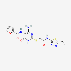 molecular formula C15H15N7O4S2 B2705721 N-(4-氨基-2-((2-((5-乙基-1,3,4-噻二唑-2-基)氨基)-2-氧代乙基)硫代-6-氧代-1,6-二氢嘧啶-5-基)呋喃-2-甲酸酰胺 CAS No. 868226-51-1